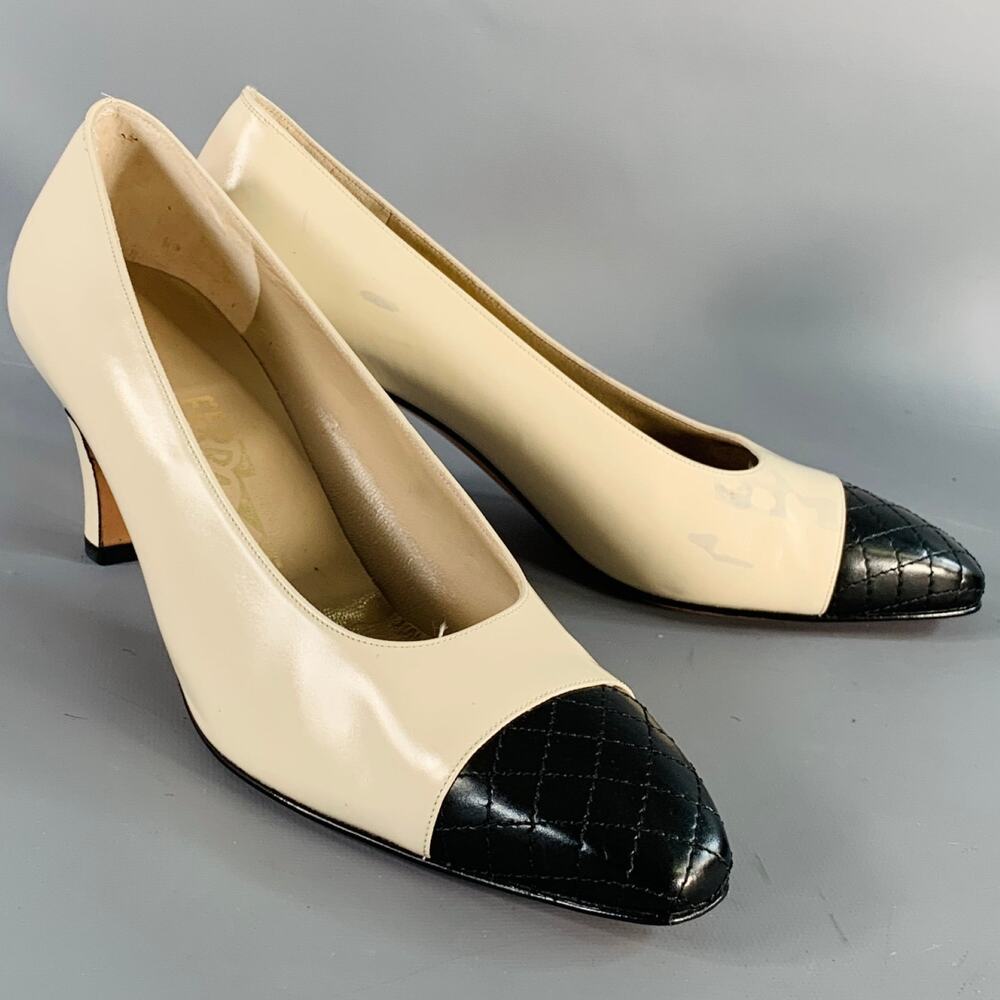SALVATORE FERRAGAMO Size 9 Beige Black Leather Quilted Cap Toe Pumps